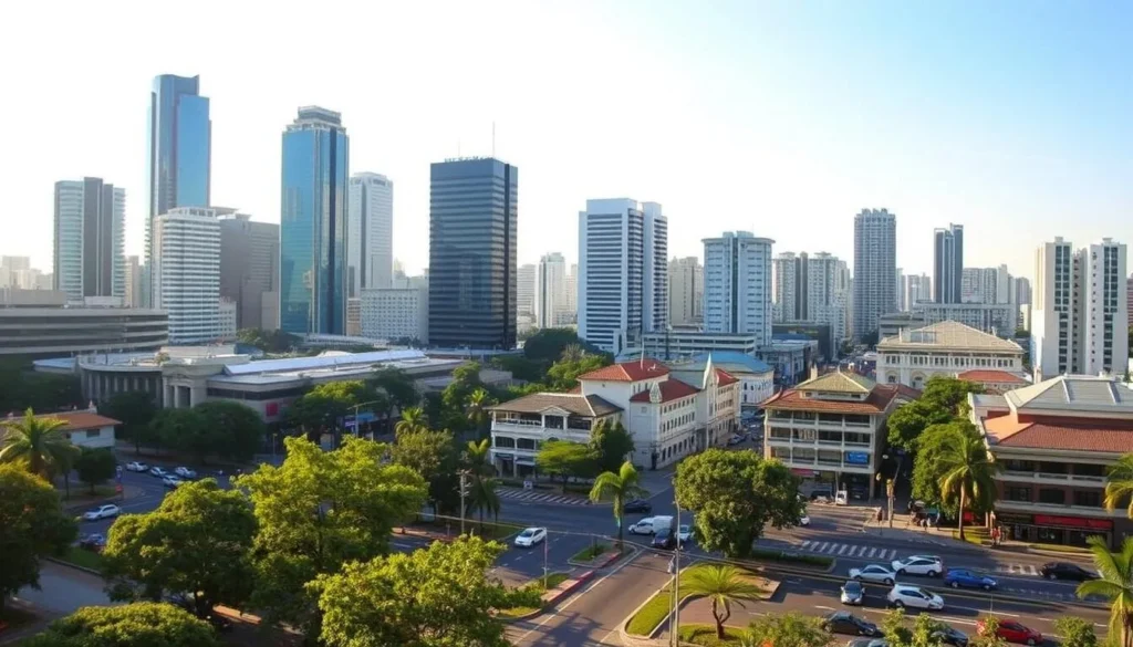 Mandaluyong Travel Tips: A scenic urban vista with a bustling cityscape, modern skyscrapers, and lush greenery. Capture the vibrant energy of the city, with pedestrians traversing the sidewalks and cars navigating the streets. Bathed in warm, golden afternoon light, the scene exudes a sense of activity and liveliness. Showcase the diverse architecture, from sleek glass towers to quaint heritage buildings, all set against a clear, azure sky. Convey a mood of dynamic progress, hospitality, and the unique character of Mandaluyong as a thriving destination.