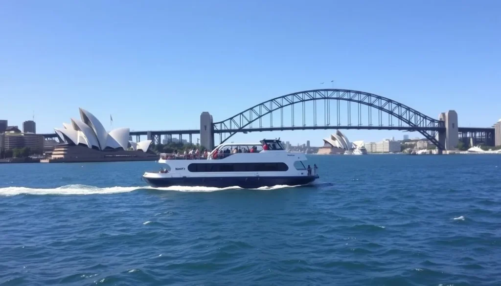 Manly Ferry sailing into Sydney Harbour with the Opera House and Harbour Bridge in the background