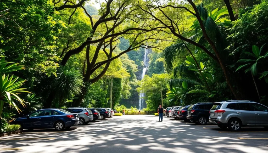 Manoa Falls Parking: A Serene Trailhead on Oahu's Lush Slopes A tranquil parking lot nestled amidst the verdant foliage of Manoa Valley, the gateway to the iconic Manoa Falls trail. Dappled sunlight filters through the towering canopy of tropical plants, casting a warm, natural glow across the asphalt. Visitors' vehicles are neatly arranged, their colors complementing the verdant surroundings. In the distance, the sound of cascading water from the falls beckons hikers to embark on their journey. The atmosphere is one of peaceful anticipation, inviting explorers to immerse themselves in the island's natural beauty.