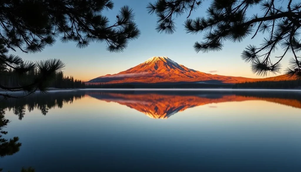 Manzanita Lake at sunrise with perfect reflection of Lassen Peak in the still water, surrounded by pine trees with morning mist Manzanita Lake at sunrise with perfect reflection of Lassen Peak in the still water, surrounded by pine trees with morning mist
