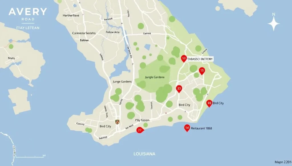 Map of Avery Island, Louisiana showing the main attractions and driving routes Map of Avery Island, Louisiana showing the main attractions and driving routes