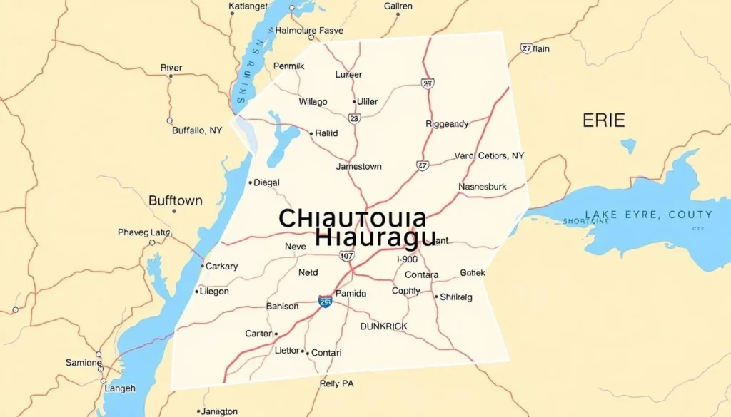 Map of Chautauqua County showing major highways and access points from surrounding areas Map of Chautauqua County showing major highways and access points from surrounding areas