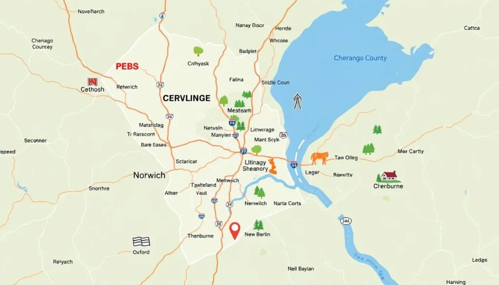 Map of Chenango County New York showing major towns, attractions, and roads for visitors planning their best things to do itinerary Map of Chenango County New York showing major towns, attractions, and roads for visitors planning their best things to do itinerary