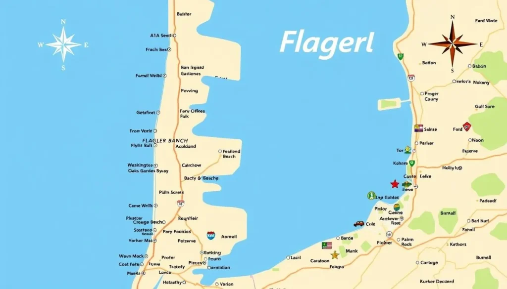 Map of Flagler County Florida showing major attractions and beaches Map of Flagler County Florida showing major attractions and beaches