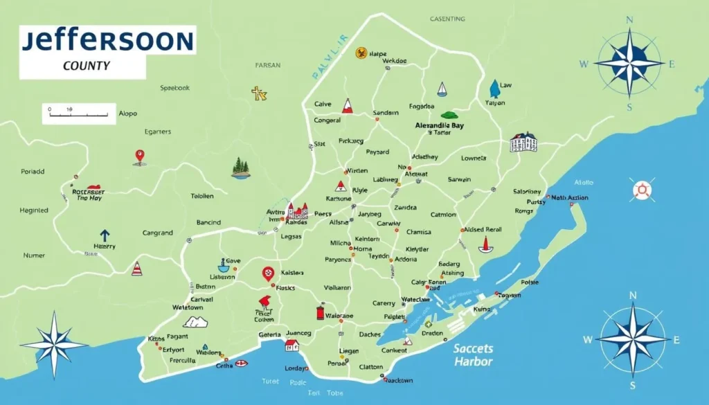 Map of Jefferson County, New York showing major attractions and towns Map of Jefferson County, New York showing major attractions and towns