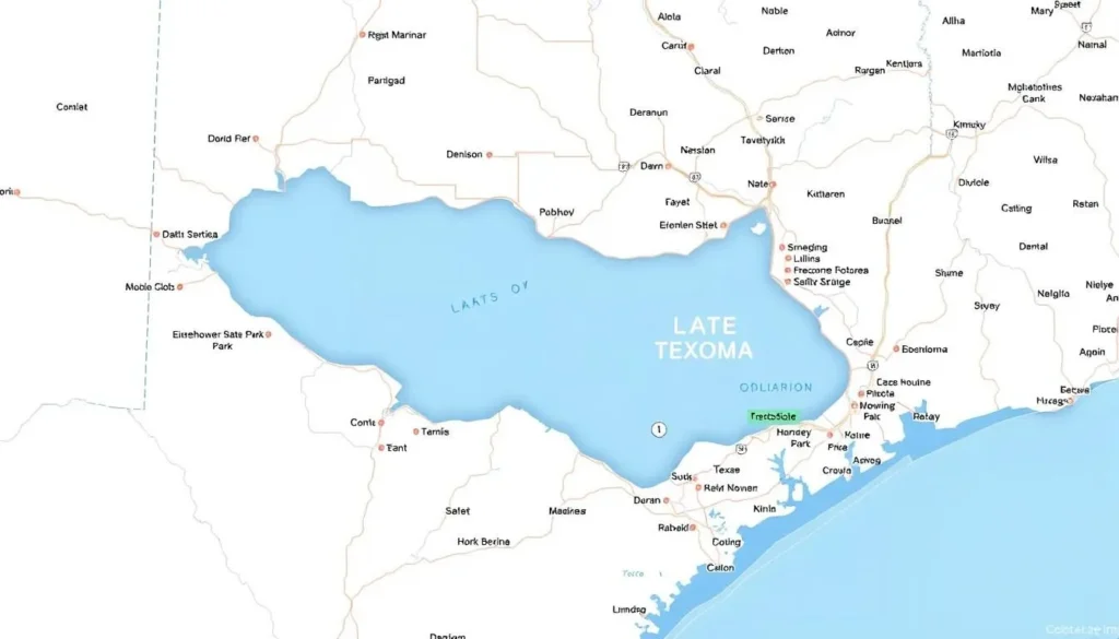 Map of Lake Texoma, Oklahoma showing key attractions, marinas, and parks Map of Lake Texoma, Oklahoma showing key attractions, marinas, and parks