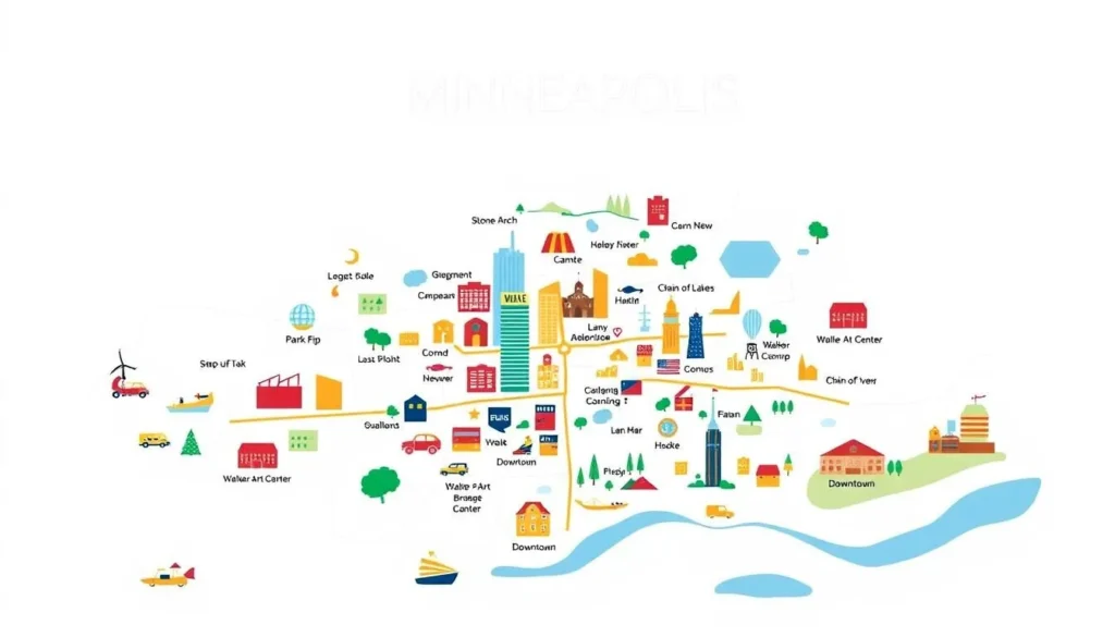 Map of Minneapolis highlighting key attractions and neighborhoods for visitors planning their best things to do in Minneapolis, Minnesota Map of Minneapolis highlighting key attractions and neighborhoods for visitors planning their best things to do in Minneapolis, Minnesota