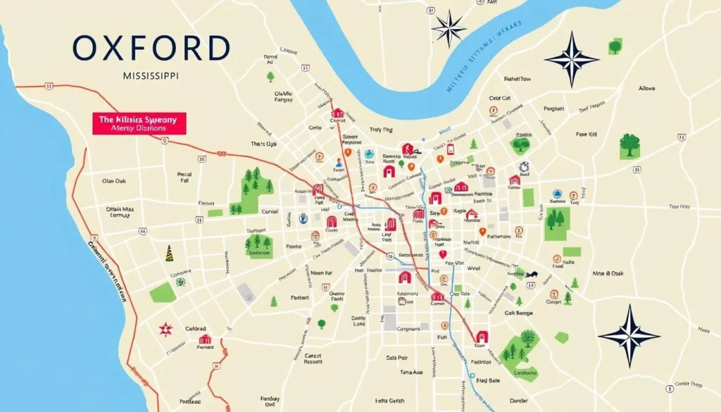 Map of Oxford Mississippi showing major attractions and transportation options Map of Oxford Mississippi showing major attractions and transportation options