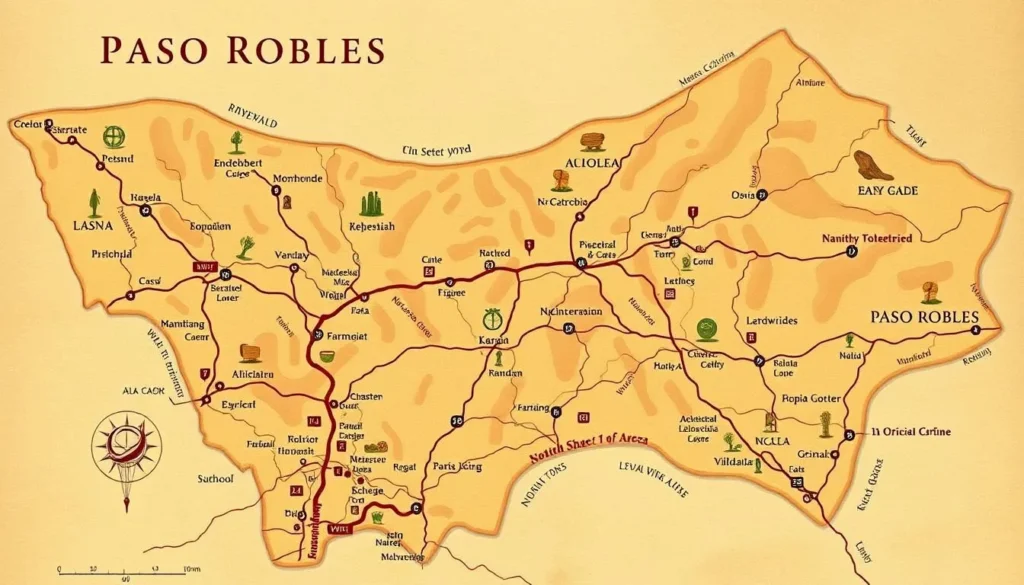 Map of Paso Robles wine regions showing the distinct AVAs with vineyard markers Map of Paso Robles wine regions showing the distinct AVAs with vineyard markers