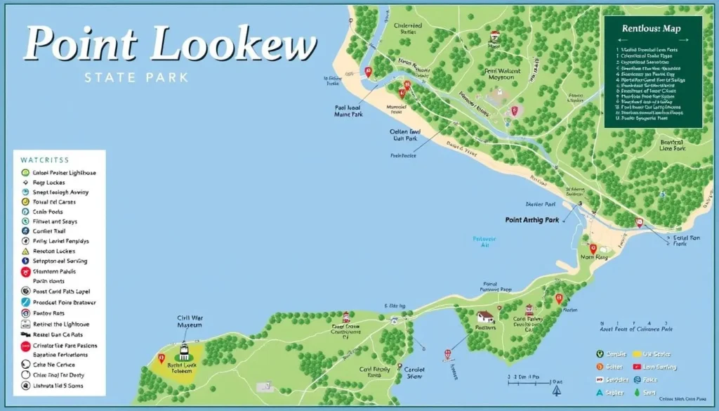 Map of Point Lookout State Park showing trails, beaches, and key attractions Map of Point Lookout State Park showing trails, beaches, and key attractions