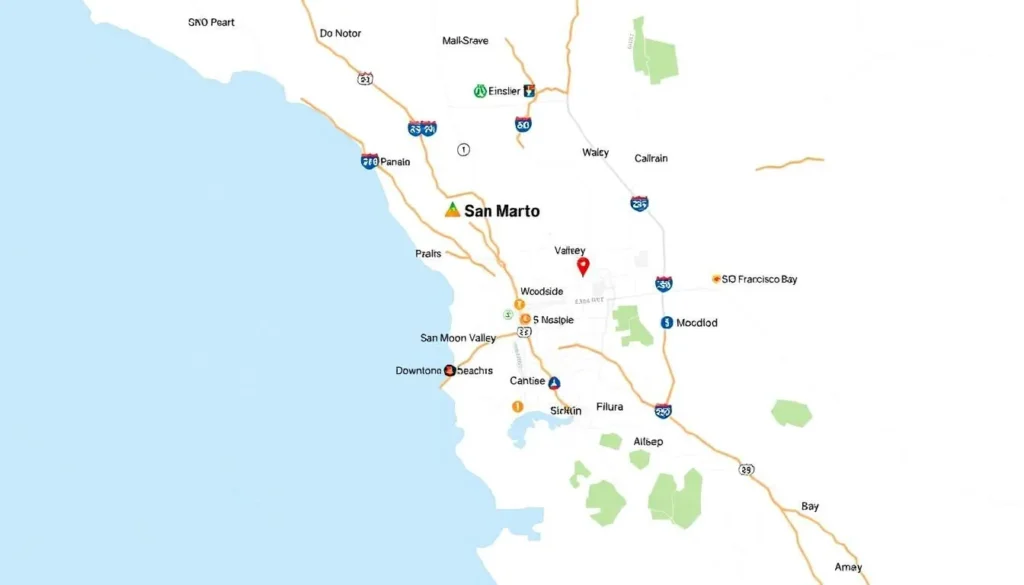 Map of San Mateo County showing major attractions and transportation routes Map of San Mateo County showing major attractions and transportation routes