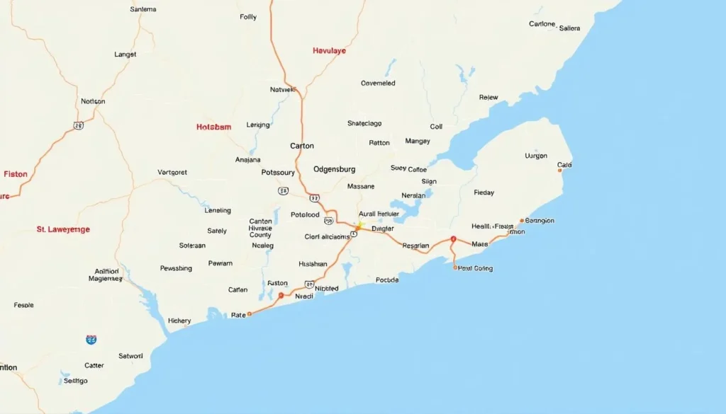 Map of St. Lawrence County showing major towns and attractions Map of St. Lawrence County showing major towns and attractions
