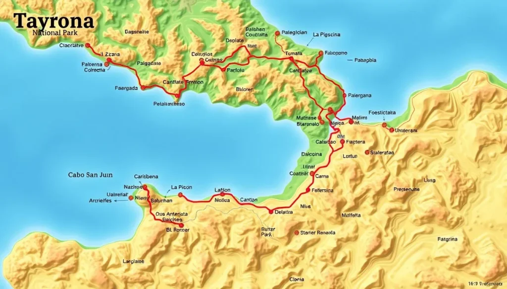 Map of Tayrona National Park showing the different entrance points and main attractions Map of Tayrona National Park showing the different entrance points and main attractions