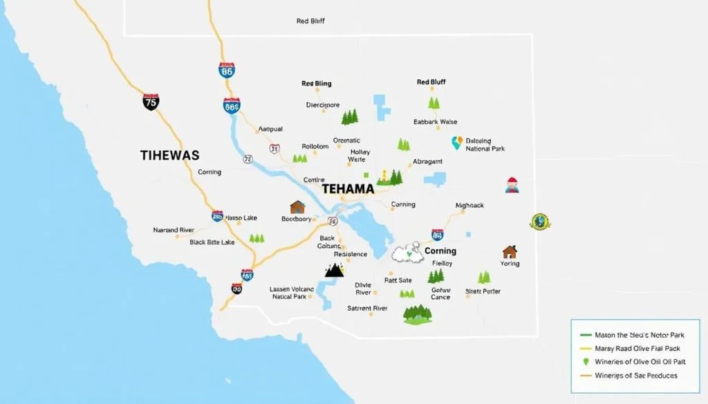 Map of Tehama County, California showing major roads and attractions Map of Tehama County, California showing major roads and attractions