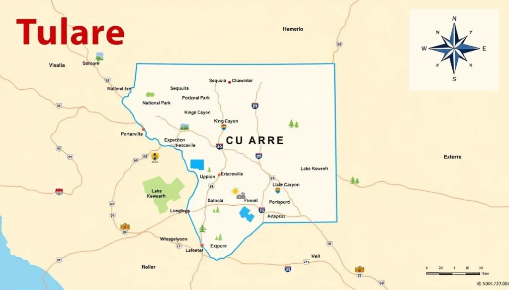 Map of Tulare County California showing major cities, highways, and attractions Map of Tulare County California showing major cities, highways, and attractions