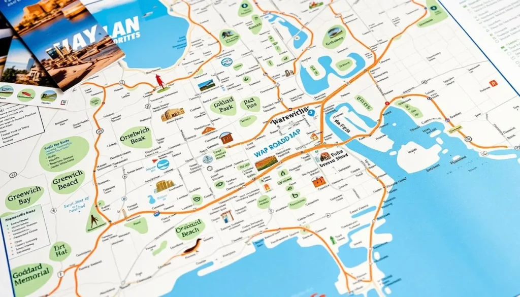 Map of Warwick, Rhode Island showing major attractions and roads