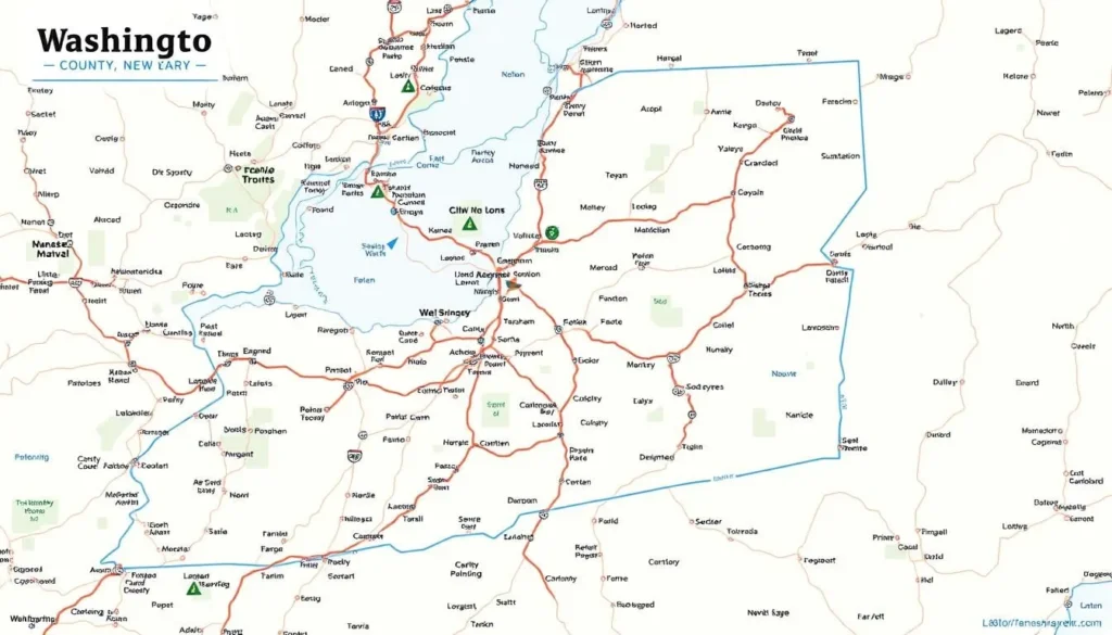 Map of Washington County New York showing major attractions and roads Map of Washington County New York showing major attractions and roads