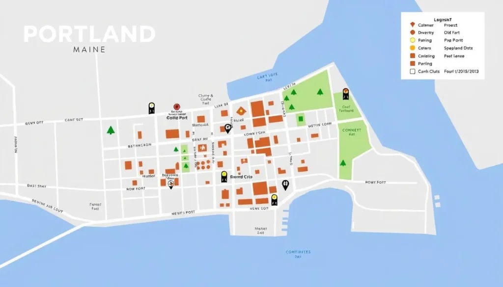 Map of downtown Portland Maine showing key attractions and parking areas Map of downtown Portland Maine showing key attractions and parking areas
