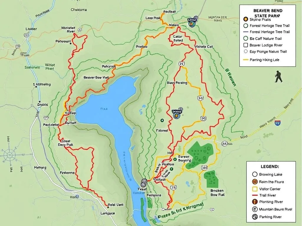 Map of hiking trails at Beavers Bend State Park showing different routes and difficulty levels Map of hiking trails at Beavers Bend State Park showing different routes and difficulty levels