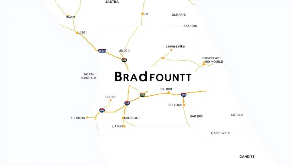 Map showing Bradford County's location in North Central Florida with major highways and nearby cities Map showing Bradford County's location in North Central Florida with major highways and nearby cities