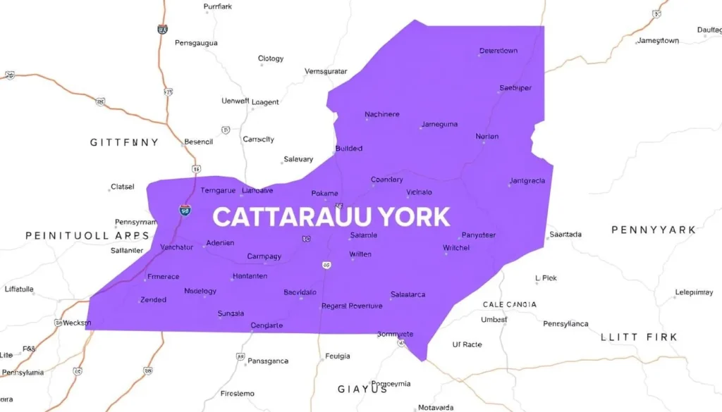 Map showing Cattaraugus County's location in Western New York with major highways and nearby cities highlighted Map showing Cattaraugus County's location in Western New York with major highways and nearby cities highlighted