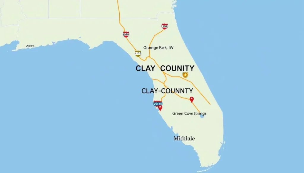 Map showing Clay County Florida's location relative to Jacksonville and major highways, highlighting things to do in the region Map showing Clay County Florida's location relative to Jacksonville and major highways, highlighting things to do in the region
