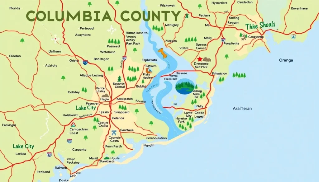Map showing Columbia County Florida's location and major attractions Map showing Columbia County Florida's location and major attractions