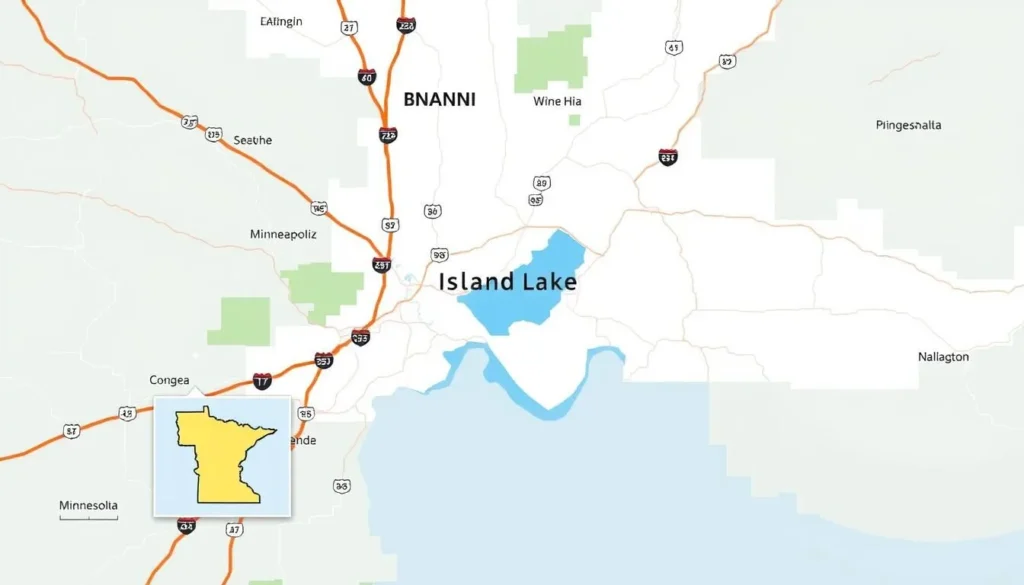 Map showing Island Lake location in Shoreview, Minnesota with driving routes from Minneapolis Map showing Island Lake location in Shoreview, Minnesota with driving routes from Minneapolis