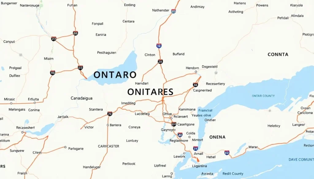 Map showing Ontario County, New York location and major highways for travelers Map showing Ontario County, New York location and major highways for travelers