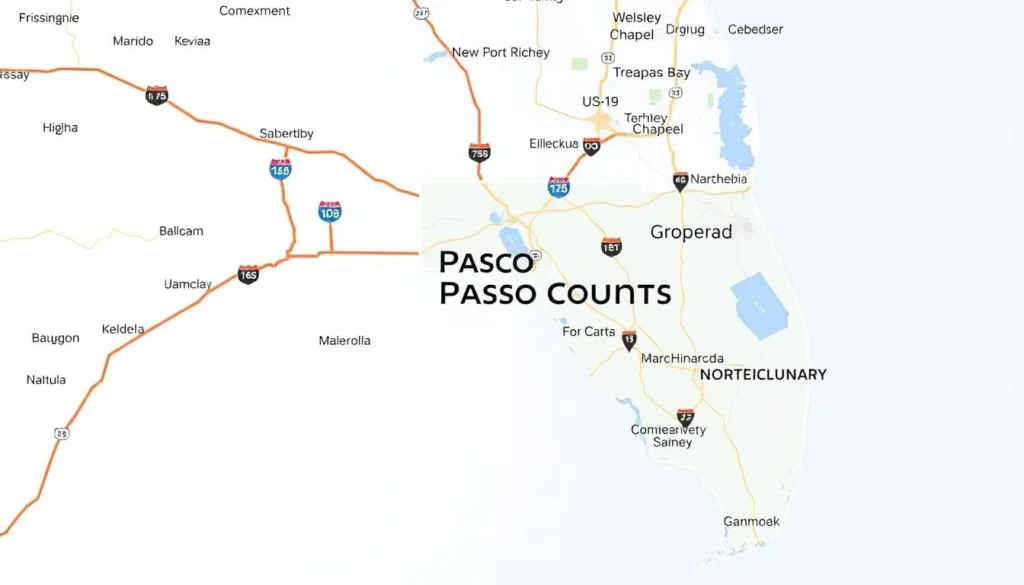 Map showing Pasco County's location in relation to Tampa Bay and major highways in Florida Map showing Pasco County's location in relation to Tampa Bay and major highways in Florida
