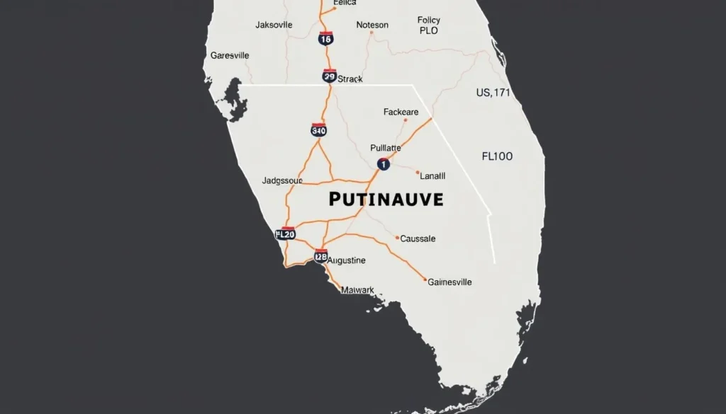 Map showing Putnam County's location in Florida with major highways and nearby cities Map showing Putnam County's location in Florida with major highways and nearby cities