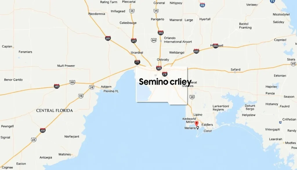Map showing Seminole County's location in Central Florida with major highways and Orlando International Airport marked Map showing Seminole County's location in Central Florida with major highways and Orlando International Airport marked