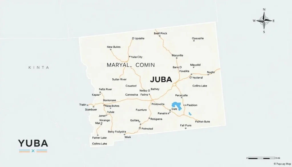 Map showing key attractions and points of interest in Yuba County, California