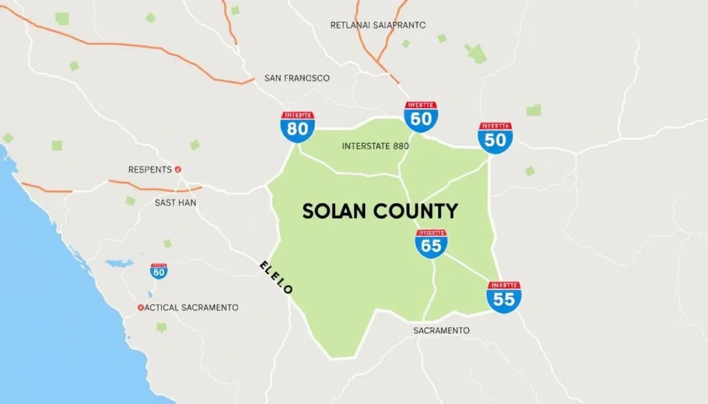 Map showing major highways leading to Solano County, California