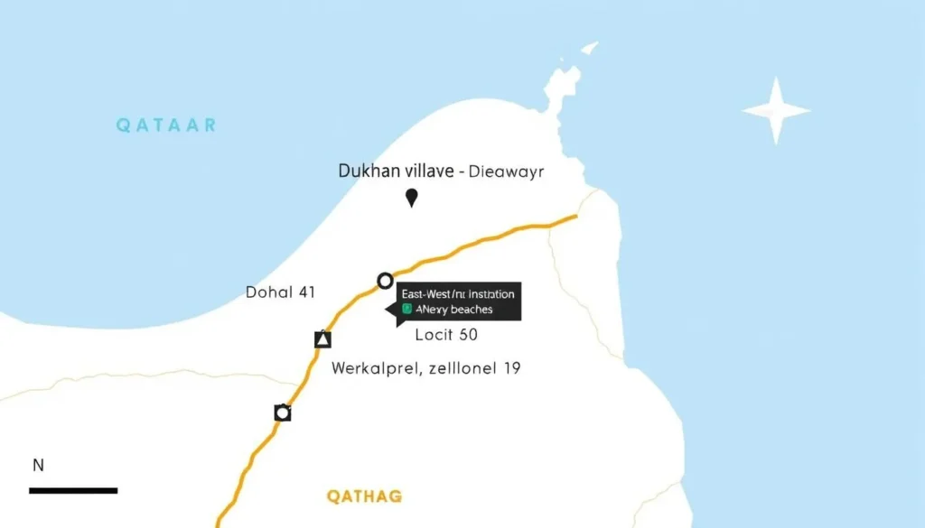 Map showing the location of Brouq Nature Reserve in Qatar with key landmarks and routes marked Map showing the location of Brouq Nature Reserve in Qatar with key landmarks and routes marked