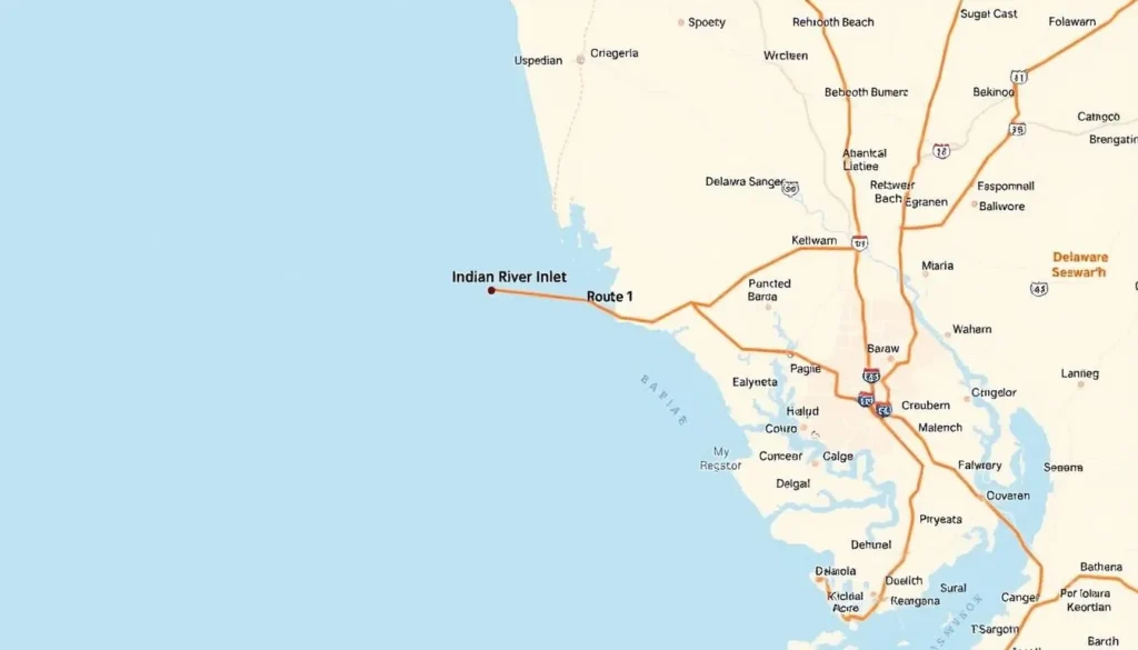 Map showing the location of Delaware Seashore State Park with major highways and nearby towns marked Map showing the location of Delaware Seashore State Park with major highways and nearby towns marked