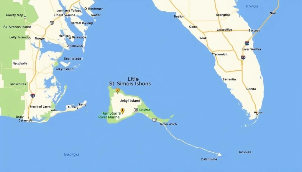 Map showing the location of Little St. Simons Island in relation to St. Simons Island and the Georgia coast Map showing the location of Little St. Simons Island in relation to St. Simons Island and the Georgia coast