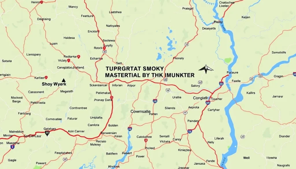 Map showing the main entrances to Great Smoky Mountains National Park with surrounding towns and highways Map showing the main entrances to Great Smoky Mountains National Park with surrounding towns and highways