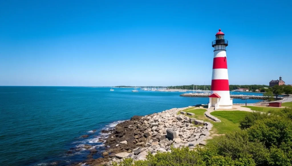 Marblehead Lighthouse, a majestic beacon standing tall on the shores of Lake Erie in Marblehead, Ohio. Capture its stunning architecture against a clear blue sky, with the tranquil waters of the lake gently lapping at the rocky coastline. Showcase the lighthouse's iconic red-and-white striped tower, its beacon casting a warm glow over the serene scene. Include the surrounding lush greenery and the picturesque harbor in the background, creating a picture-perfect landscape that embodies the charm and beauty of Marblehead. Utilize a wide-angle lens to encompass the full grandeur of the lighthouse and its idyllic setting, bathed in the soft, natural lighting of a pleasant day.