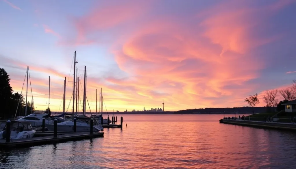 Marina Park in Kirkland Washington at sunset with views of Lake Washington and Seattle skyline Marina Park in Kirkland Washington at sunset with views of Lake Washington and Seattle skyline