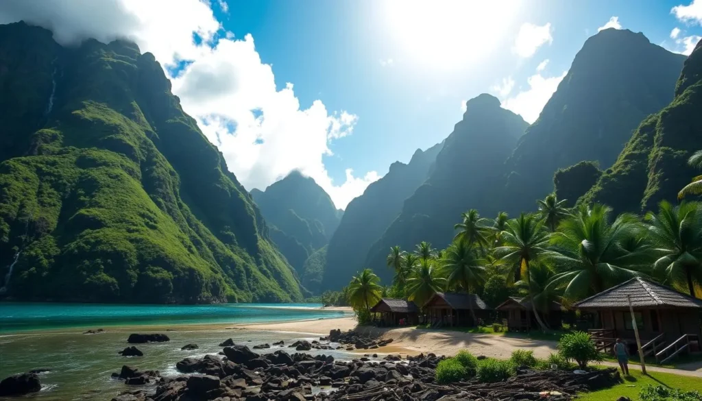 Marquesas Islands, lush tropical paradise in French Polynesia. Towering green peaks, cascading waterfalls, and pristine beaches under a warm, golden sun. Capture the essence of this remote island chain - a dramatic coastline with jagged cliffs, traditional thatched-roof huts nestled among palm trees, and locals going about their daily lives. Use a wide-angle lens to frame the scene, showcasing the verdant landscapes and idyllic island atmosphere. Convey a sense of tranquility and natural beauty, with soft, diffused lighting illuminating the stunning vistas. Evoke the feeling of a warm, breezy day in this untouched tropical paradise.