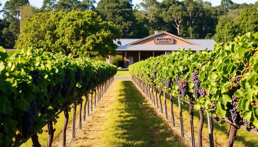 Martin's Vineyard on Knotts Island, North Carolina with rows of grapevines and peach trees Martin's Vineyard on Knotts Island, North Carolina with rows of grapevines and peach trees