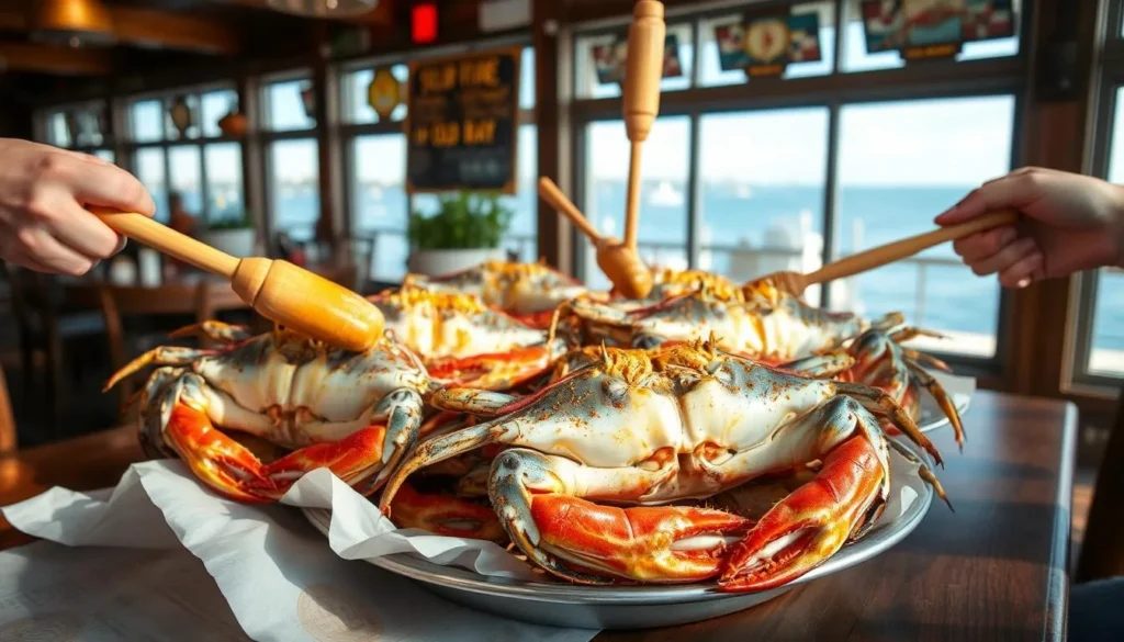 Maryland blue crabs being served at a waterfront restaurant Maryland blue crabs being served at a waterfront restaurant