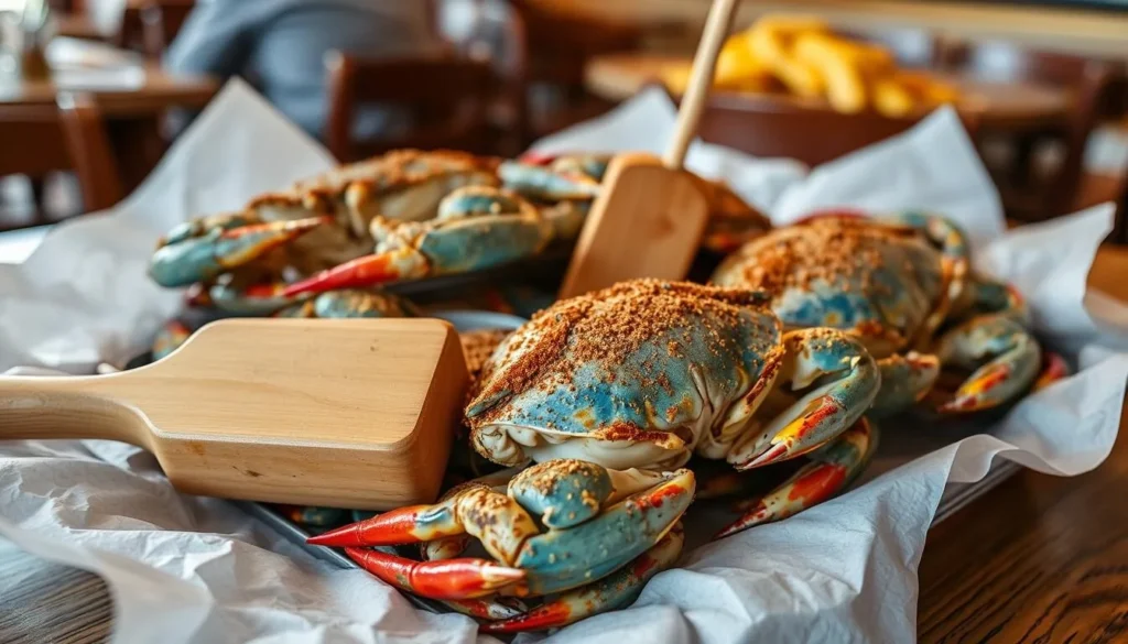 Maryland blue crabs seasoned with Old Bay spice served on a paper-covered table Maryland blue crabs seasoned with Old Bay spice served on a paper-covered table