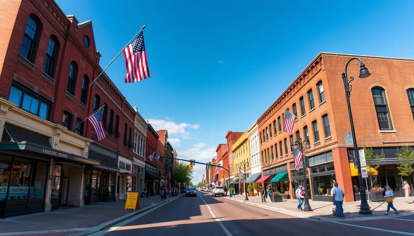 Massachusetts Street in Lawrence, Kansas with historic buildings and shops on a sunny day