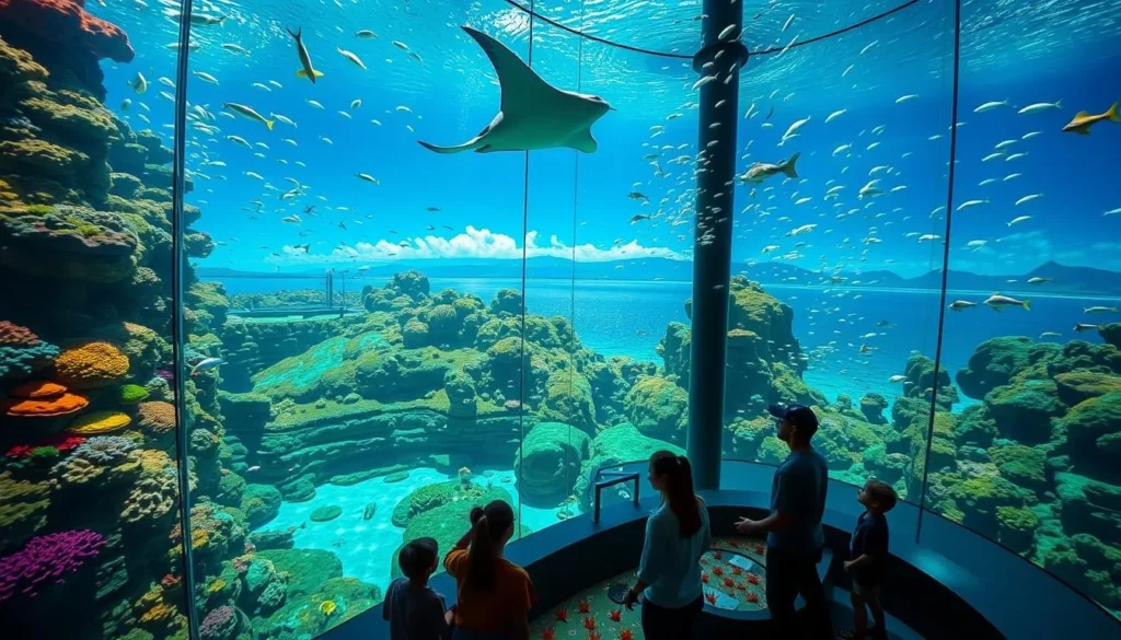 Maui Ocean Center, a captivating aquarium nestled on the picturesque Hawaiian island. Envision the visitor experience as they step into a vibrant underwater world, surrounded by kaleidoscopic coral reefs and shimmering schools of tropical fish. Bright natural light filters through floor-to-ceiling windows, illuminating the diverse marine life on display. In the foreground, guests marvel at the graceful movements of manta rays and sea turtles, while in the middle ground, a touch pool allows for intimate encounters with starfish and sea urchins. The background showcases the iconic Maui landscape, with distant mountain peaks and the shimmering Pacific Ocean creating a breathtaking backdrop. The atmosphere is one of wonder, discovery, and a deep appreciation for the beauty and fragility of the ocean.