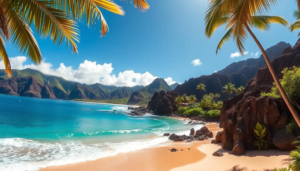 Maui's breathtaking beaches, sun-kissed shores of golden sands and crystal-clear turquoise waters. A serene paradise where the gentle lapping of waves meets the verdant backdrop of swaying palm trees and lush tropical foliage. Capture the essence of this coastal gem with a wide-angle lens, revealing the sweeping vistas and natural beauty. Sunlight dances across the scene, creating a warm, inviting atmosphere. Framed by dramatic cliffs and rugged volcanic landscapes, this idyllic landscape beckons visitors to bask in the tranquility of Maui's coastal treasures.