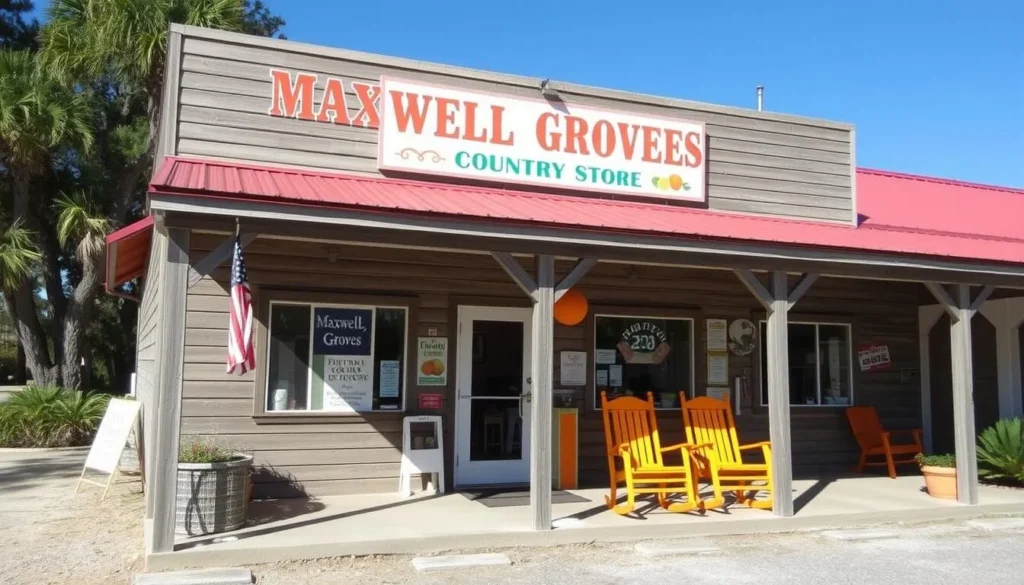 Maxwell Groves Country Store with orange rocking chairs on the porch Maxwell Groves Country Store with orange rocking chairs on the porch