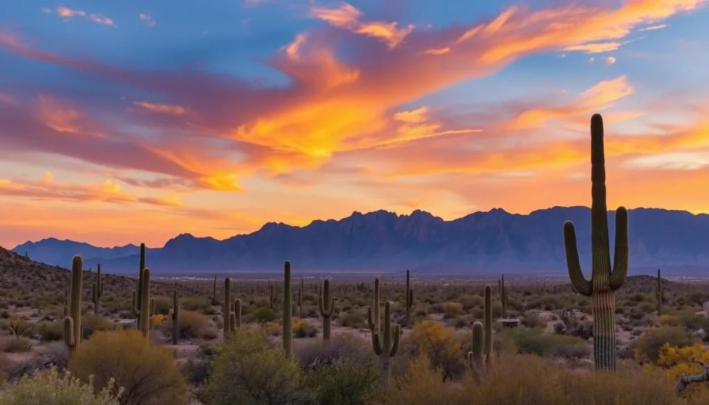 Mesa's desert landscape with saguaro cacti and Superstition Mountains during golden hour Mesa's desert landscape with saguaro cacti and Superstition Mountains during golden hour