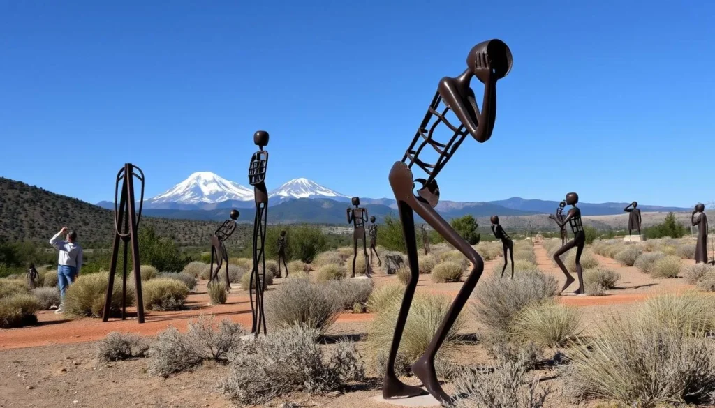 Metal sculptures at the Living Memorial Sculpture Garden with Mount Shasta in the background, a unique Siskiyou County California attraction Metal sculptures at the Living Memorial Sculpture Garden with Mount Shasta in the background, a unique Siskiyou County California attraction